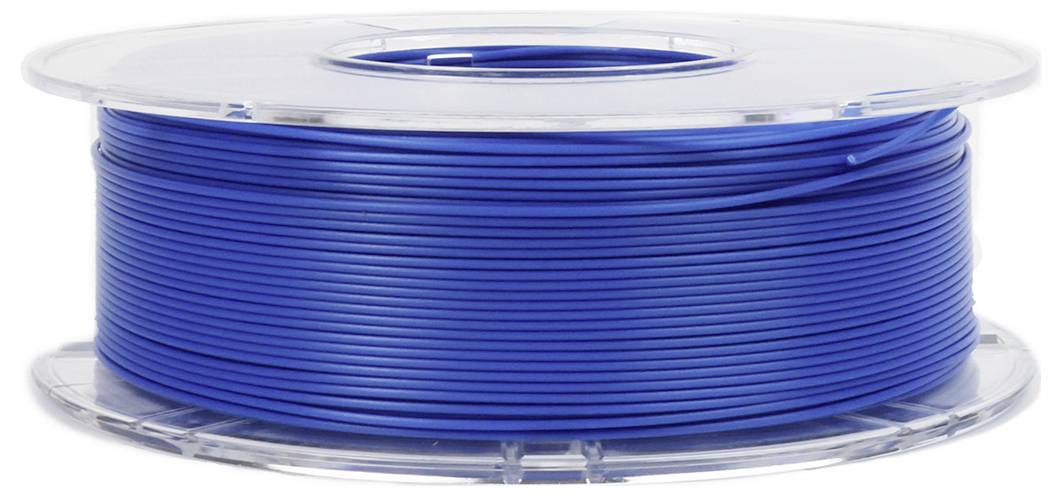 Eine durchsichtige Spule mit blauem Filament, das für 3D-Drucker verwendet wird.