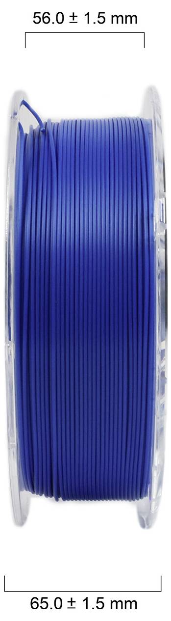 Blaue Filamentspule mit Abmessungen '56,0 ± 1,5 mm' Höhe und '65,0 ± 1,5 mm' Breite.