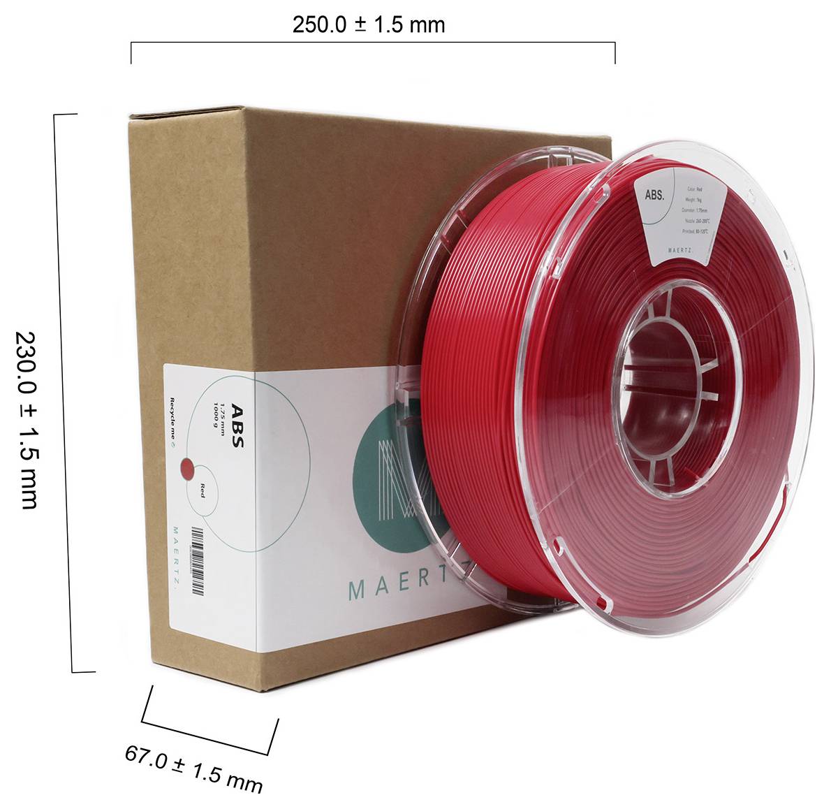 Rote ABS-Filamentrolle mit Maßen 250 mm x 67 mm x 230 mm in Plastikbox neben brauner Verpackung mit Aufkleber 'MAERT'.