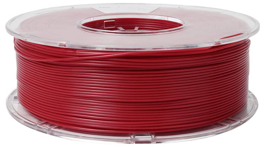Eine Rolle mit rotem 3D-Drucker-Filament, auf einer transparenten Spule aufgewickelt.