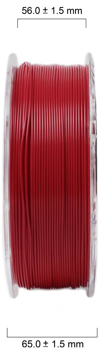 Eine Rolle roten Filaments mit den Abmessungen 65,0 mm Durchmesser und 56,0 mm Breite, jeweils mit einer Toleranz von ± 1,5 mm.