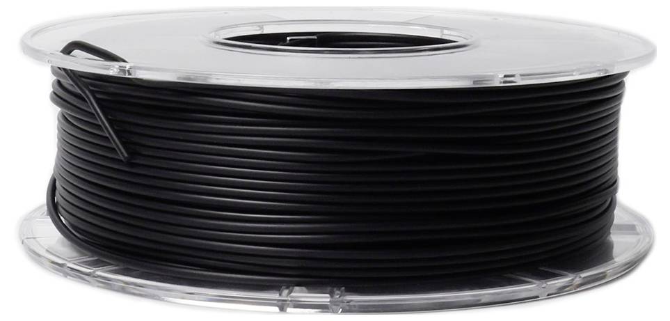 Schwarze Filamentrolle aus Kunststoff für 3D-Drucker, auf einer transparenten Spule aufgewickelt.