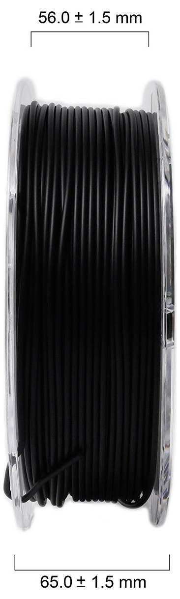 Eine schwarze Kabelrolle, vertikal stehend. Maße: Höhe 56,0 ± 1,5 mm, Breite 65,0 ± 1,5 mm.