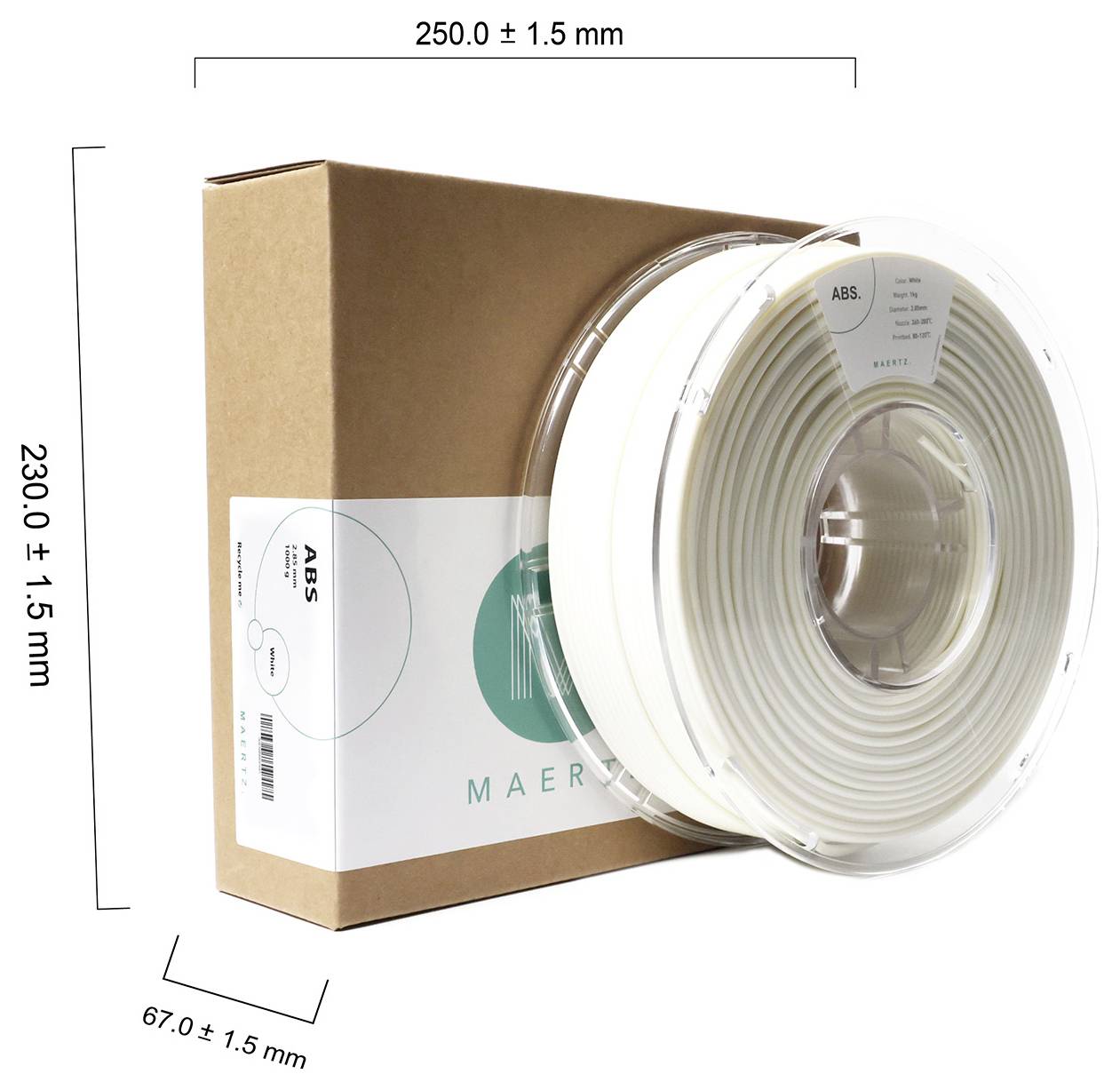 Die Abbildung zeigt eine Rolle weißen 3D-Druckfilaments aus ABS, verpackt in einer braunen Kartonbox. Maße: 250x230x67 mm.