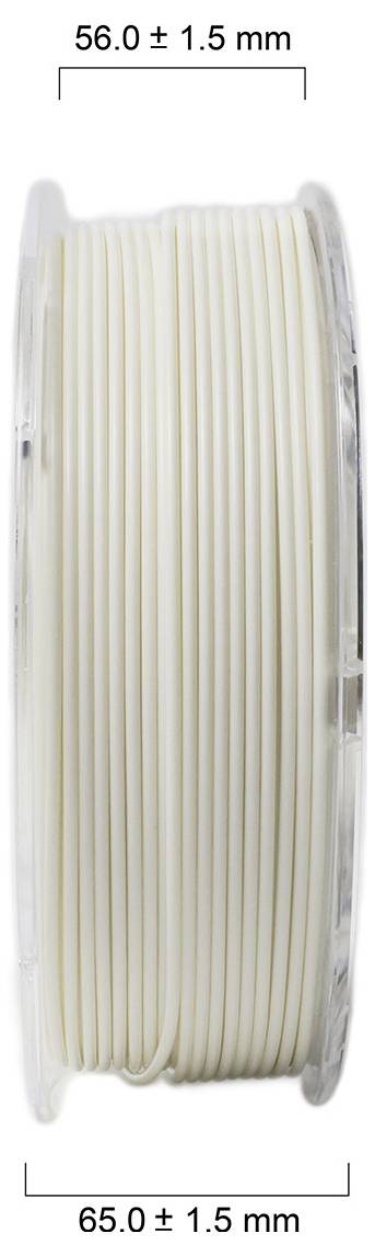 Spule mit weißem Filament für 3D-Drucker, Durchmesserangaben 56,0 ± 1,5 mm und 65,0 ± 1,5 mm sichtbar.