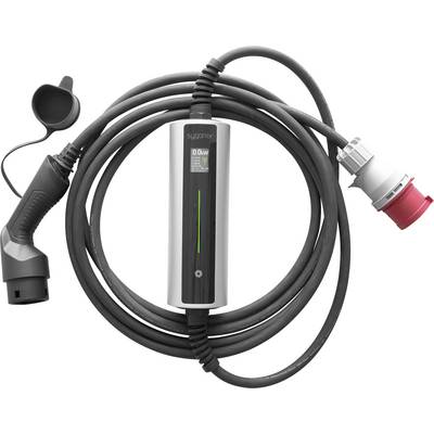 Ein mobiles Elektroauto-Ladegerät mit langem Kabel, Stecker und Anzeigeleuchte; geeignet für verschiedene Ladestationen.