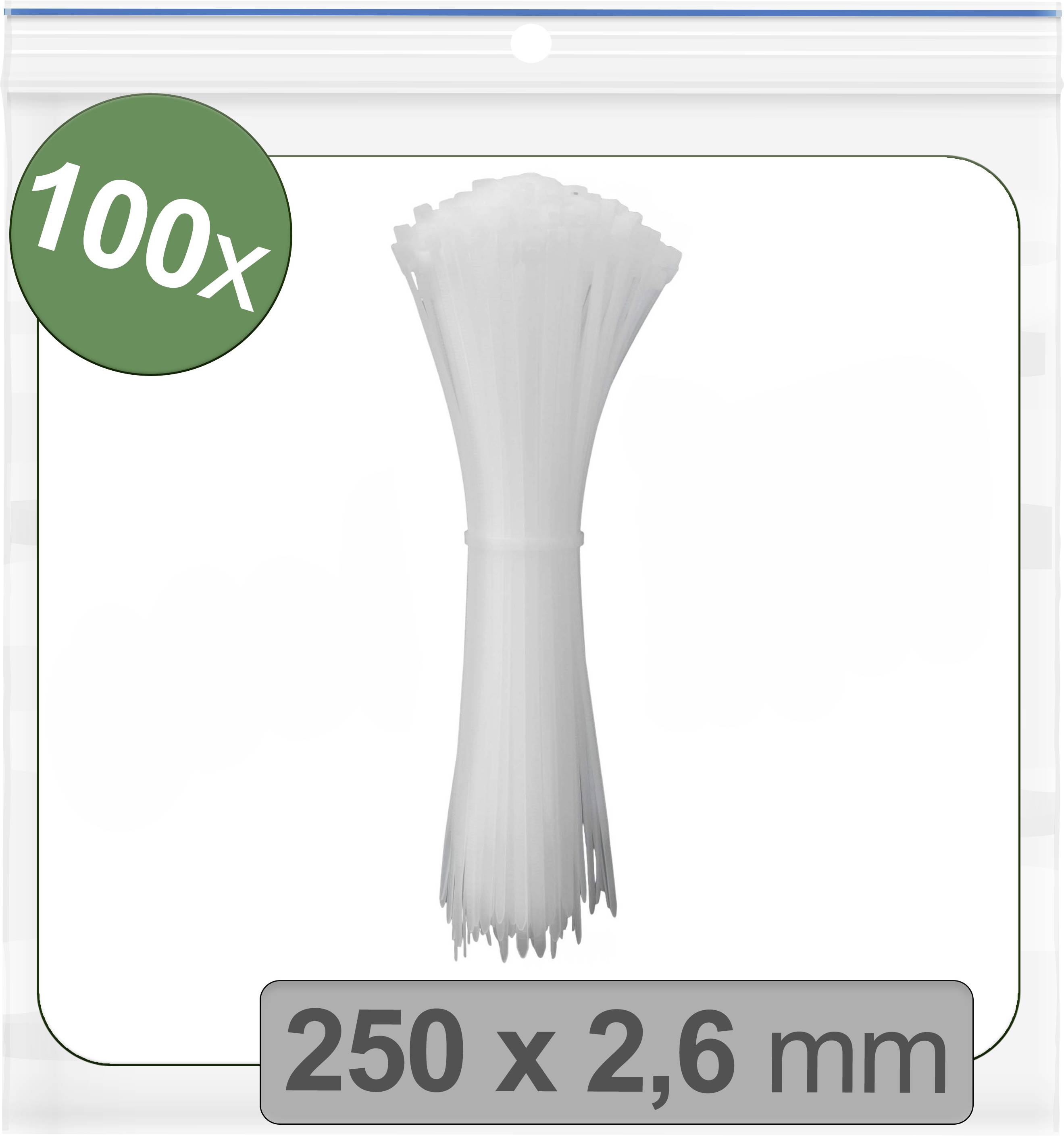 '100 Kabelbinder, Größe: 250 x 2,6 mm, Farbe: Weiß' in einer transparenten Verpackung mit grüner Ecke, die '100x' anzeigt.