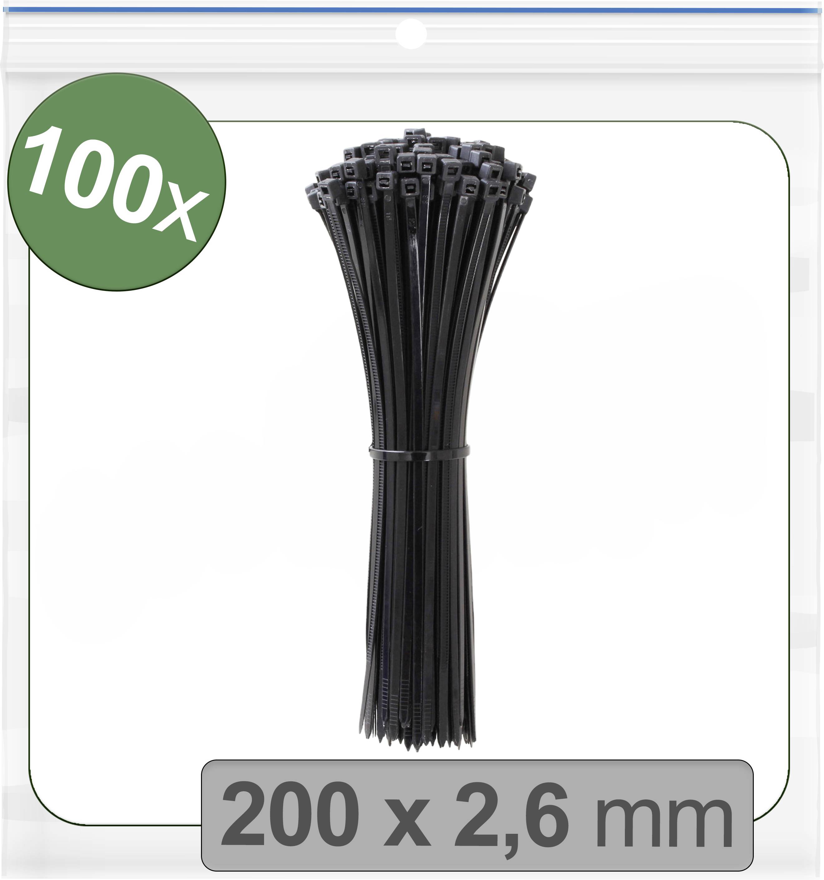 Schwarze Kabelbinder, 100 Stück, Größe 200 x 2,6 mm, abgebildet in einer Verpackung.