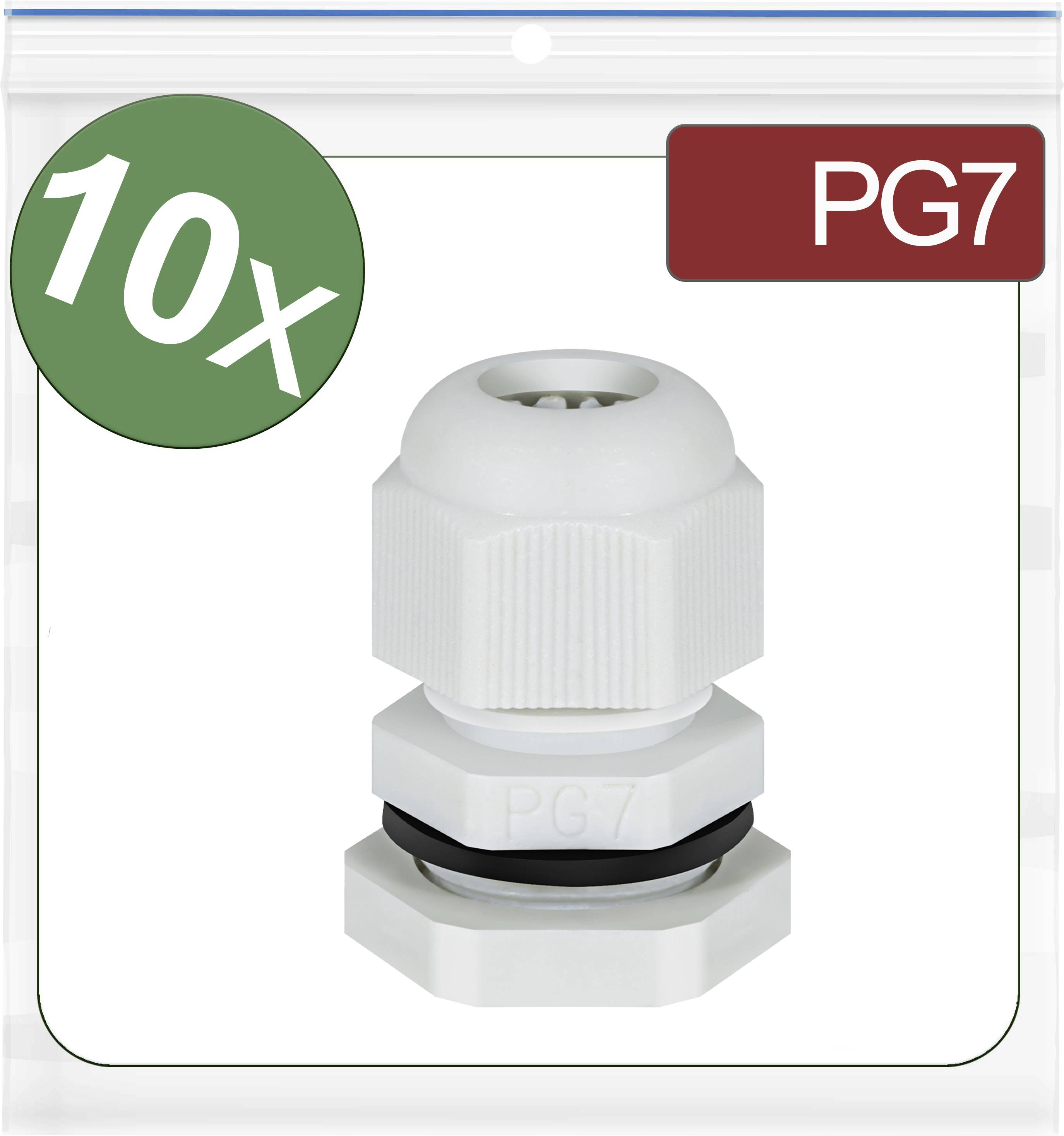 'PG7'-Kabelverschraubung, 10 Stück, weiß, abgebildet in transparenter Verpackung mit grünem und rotem Etikett.