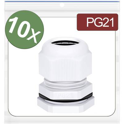 10 Stück PG21 Kabelverschraubungen in einer Verpackung. Hauptsächlich weiß mit schwarzer Dichtung. Geeignet für Kabeldurchführungen.
