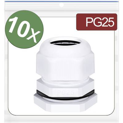 'Packung mit 10 weißen PG25 Kabelverschraubungen, rund, mit Dichtung, zur Abdichtung und zum Schutz von Kabeldurchgängen.'