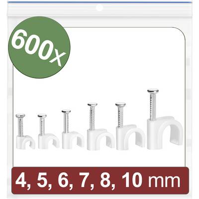 '600x Kabelschellen in Größen 4, 5, 6, 7, 8, 10 mm.' Verpackungsbild mit Kabelklemmen in verschiedenen Größen und Abmessungen.