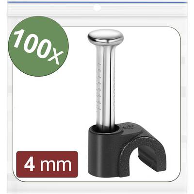 100 Kabelklemmen in einer Packung; Stiftdurchmesser 4 mm. Silberner Stift und schwarzer Clip auf weißem Hintergrund.