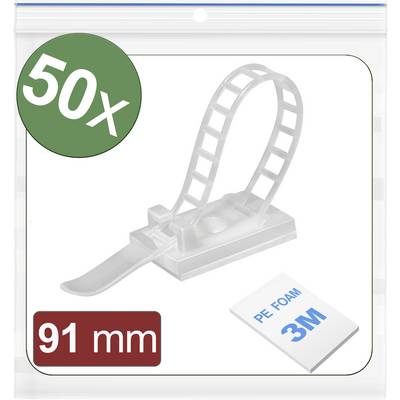 Plastik-Kabelklemmen-Set mit Klebepads, 50 Stück. Maße: 91 mm. Ideal zur Befestigung und Organisation von Kabeln. Beutelverpackung.
