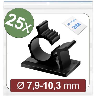 Kunststoff-Rohrschelle in Schwarz, geeignet für Rohre mit 7,9-10,3 mm Durchmesser, in einem Set mit 25 Stück, inkl. 3M Klebepads.