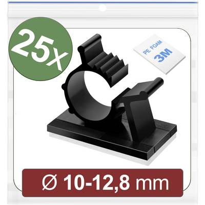 25 schwarze Kabelklemmen, geeignet für Kabeldurchmesser von 10 bis 12,8 mm. Selbstklebend mit 3M PE Foam. Verpackung im Beutel.