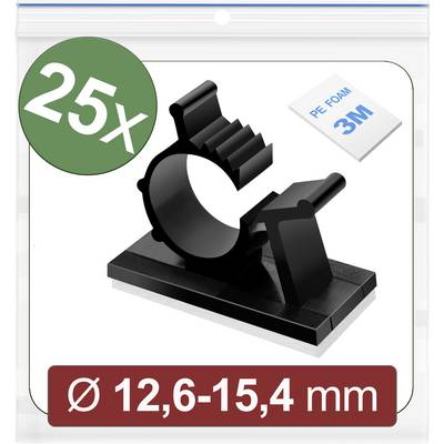 25 schwarze Kabelhalterungen mit Klebepads, passend für Durchmesser von 12,6 bis 15,4 mm.