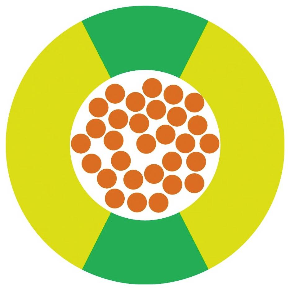 Stilisiertes Diagramm einer grünen, gelben und weißen Form mit orangefarbenen Punkten in der Mitte, ähnlich einer Draufsicht einer Kabelstruktur.