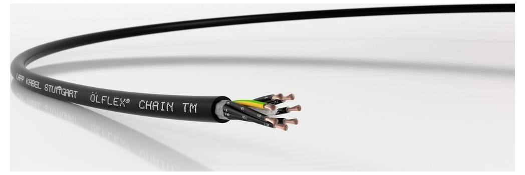 Ein schwarzes Kabel mit mehreren freiliegenden Drähten am Ende. Aufschrift 'Ölflex Chain TM'. Geeignet für flexible Anwendungen.