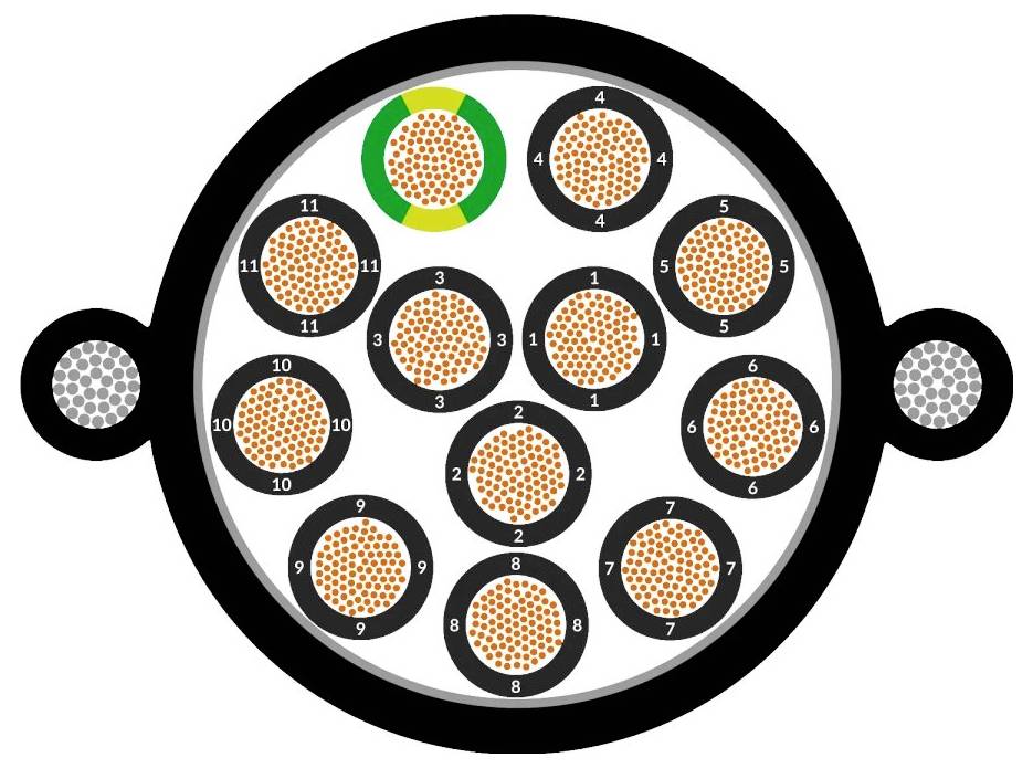 Diagramm zeigt ein rundes Objekt mit 12 nummerierten, orange gepunkteten Feldern. Feld '1' ist grün hervorgehoben.