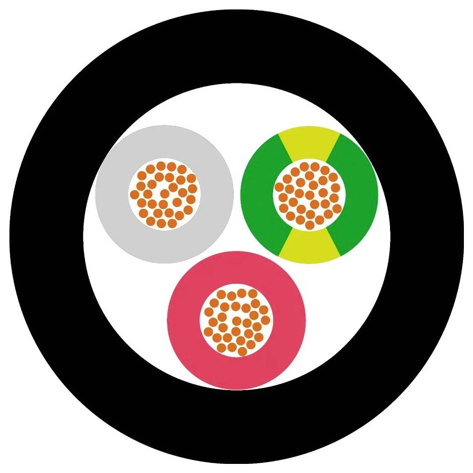 Drei farbige Kabel im Querschnitt (grau, rot und grün) in einem schwarzen Kreis. Jedes Kabel zeigt orangefarbene innere Drähte.