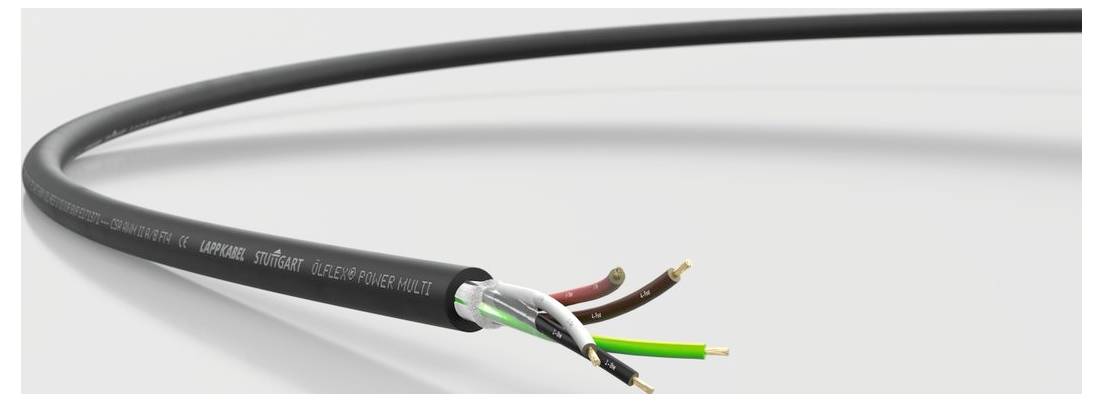 Ein schwarzes Kabel mit drei farbigen Drähten (braun, grün-gelb, blau) ragt aus dem offenen Ende. Es ist ein Stromkabel.