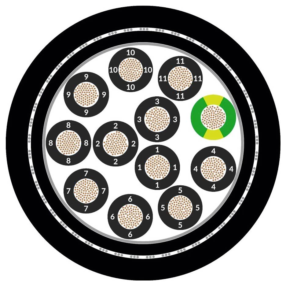 Querschnitt eines Kabels mit zwölf nummerierten Leitern und einem grün markierten Bereich. Jeder Leiter hat ein kupfernes Kernbündel.