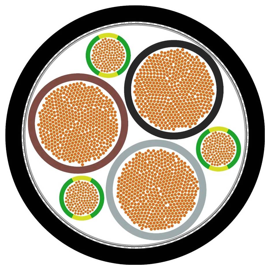 Querschnitt eines Kabels mit mehreren Drähten: Fünf bunte Kreise. Drei große Drähte und zwei kleine Drähte in orangefarbener Isolierung.