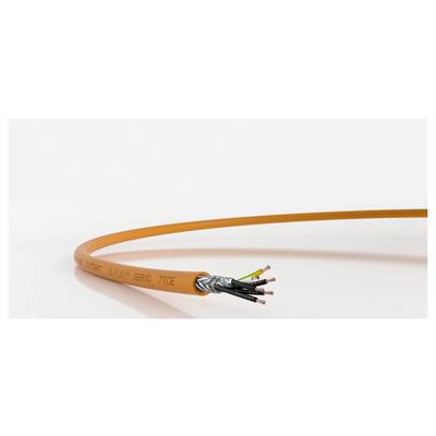 Ein oranges elektrisches Kabel mit sichtbaren Adern am Ende liegt auf einer weißen Fläche.