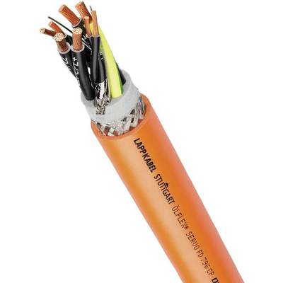 Ein oranges, flexibles Kabel mit mehreren isolierten Kupferleitern ist teilweise enthüllt. Auf dem Kabel steht 'Lappkabel Stuttgart Ölflex'.