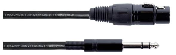 'Ein schwarzes Mikrofonkabel mit einem XLR-Stecker und einem 6,35 mm Klinkenstecker.'