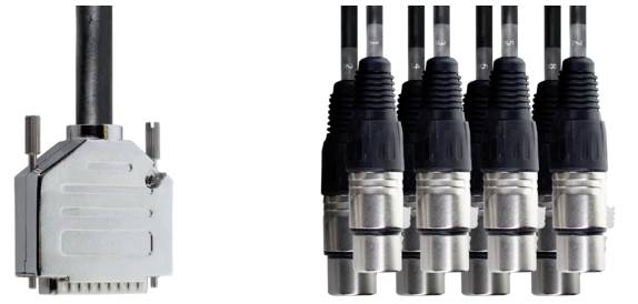 'Links: D-Sub-Stecker mit Kabel. Rechts: Fünf XLR-Stecker mit Kabeln.'