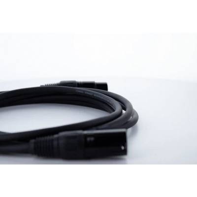 Ein schwarzes, zusammengerolltes Audiokabel mit XLR-Steckern an beiden Enden liegt auf einem weißen Hintergrund.