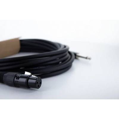 Ein zusammengerolltes Audiokabel mit einem XLR-Anschluss links und einem Klinkenstecker rechts liegt auf einem weißen Hintergrund.