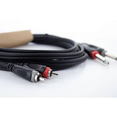 Schwarz-rotes Audio-Kabel mit Cinch- und Klinkensteckern auf weißem Hintergrund, für Musik- und Techniknutzung geeignet.