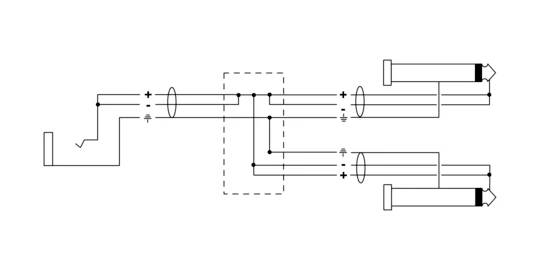 Diagramm zeigt ein optisches System mit Linsen und Strahlen. Laserstrahlen durchlaufen Linsen und prallen von Spiegeln in zwei Richtungen ab.