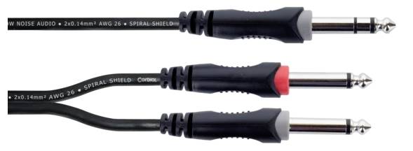 'Drei Audiokabel mit 6,35 mm Klinkensteckern, eins mit roten Steckermarkierungen. Eignen sich für Musikinstrumente und Audiogeräte.'