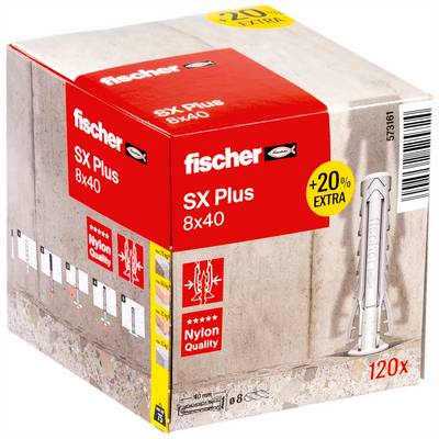 Packung Fischer SX Plus 8x40 Nylon-Dübel, gekennzeichnet mit '+20% EXTRA' und '120x', gezeigt auf der Produktverpackung.
