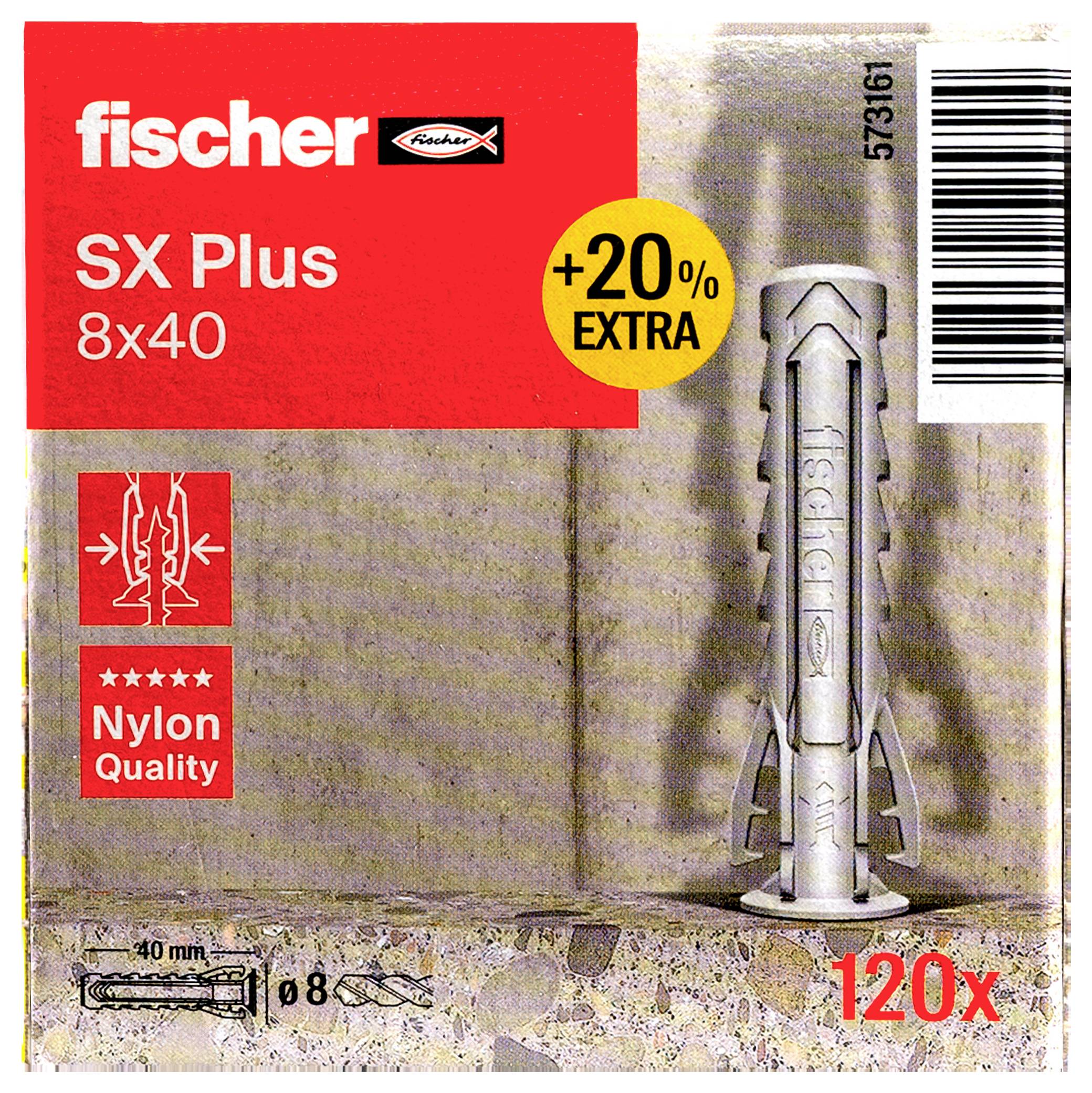 'Fischer SX Plus 8x40 Nylon-Dübel, 20% extra, 120 Stück.' Verpackung zeigt einen Nylon-Dübel und Maße 8x40 mm.