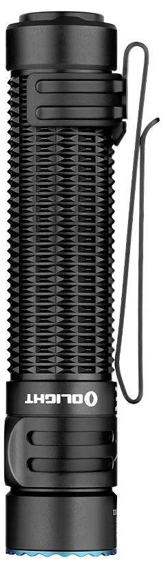 Schwarze Taschenlampe mit geriffeltem Griff und Clip an der Seite. Der Markenname 'Olight' ist in Weiß aufgedruckt.
