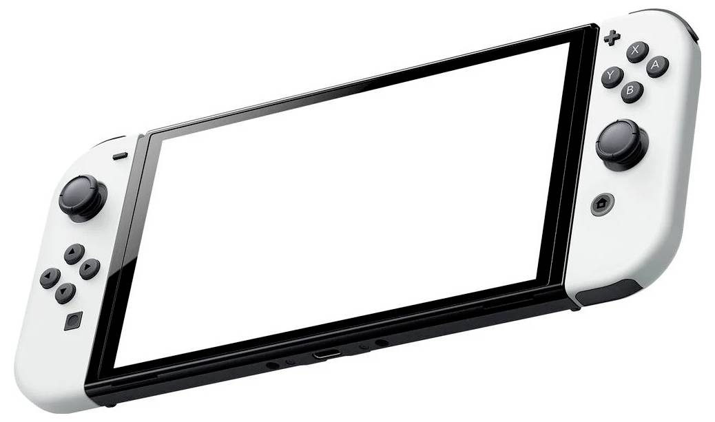 Eine tragbare Spielkonsole mit abnehmbaren Controllern, schwarzem Bildschirm und weißen Seiten liegt schräg auf einer Oberfläche.