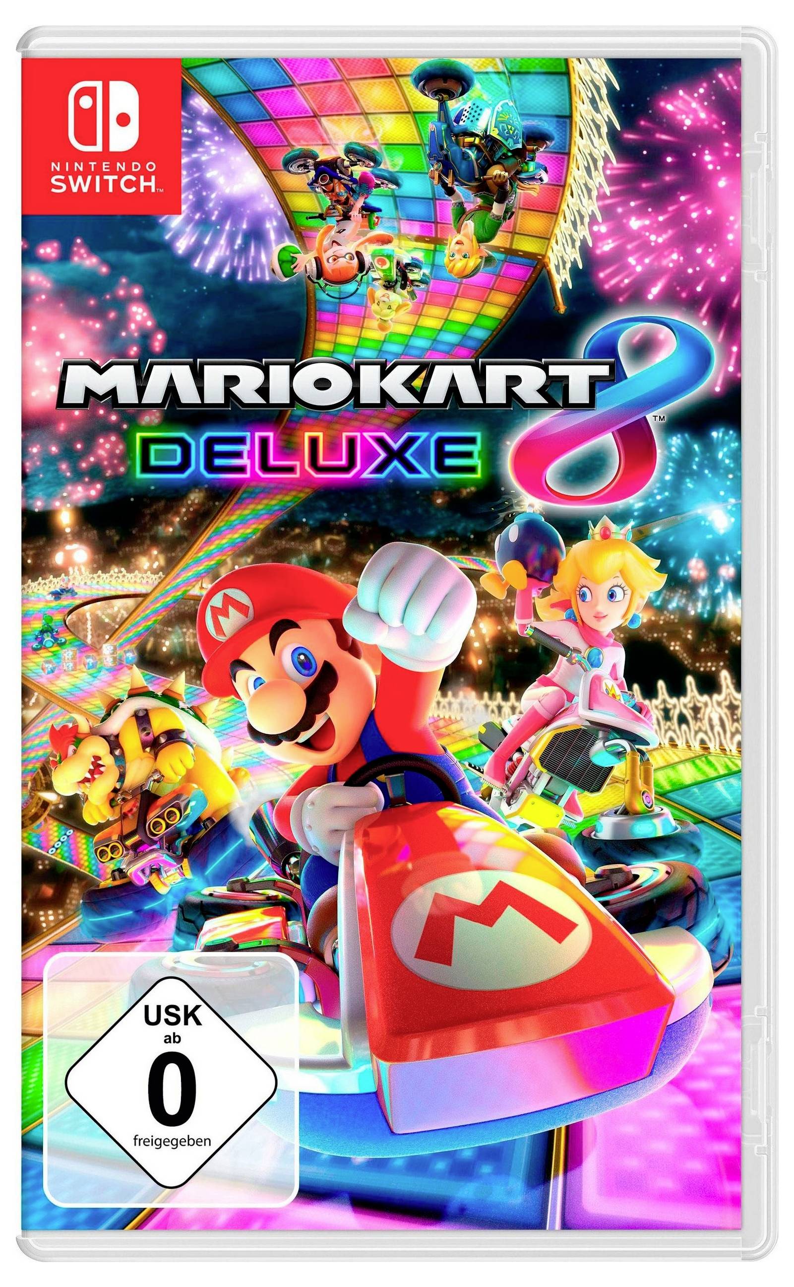 Ein bunter Videospiel-Cover zeigt 'Mario Kart 8 Deluxe' für Nintendo Switch, mit Mario und anderen Charakteren auf einer Rennstrecke.