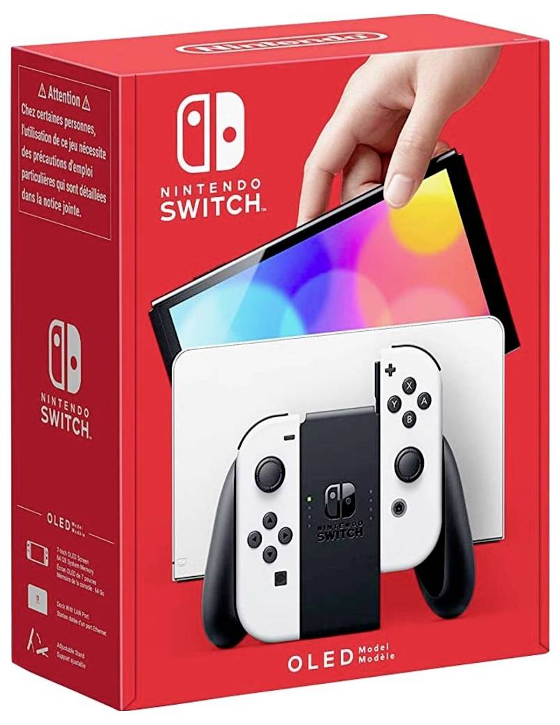 Rote Verpackung der Nintendo Switch OLED. Bild zeigt Konsole mit weißem Dock und weißen Joy-Con-Controllern. Logo oben links.