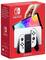 Rote Verpackung der Nintendo Switch OLED. Bild zeigt Konsole mit weißem Dock und weißen Joy-Con-Controllern. Logo oben links.