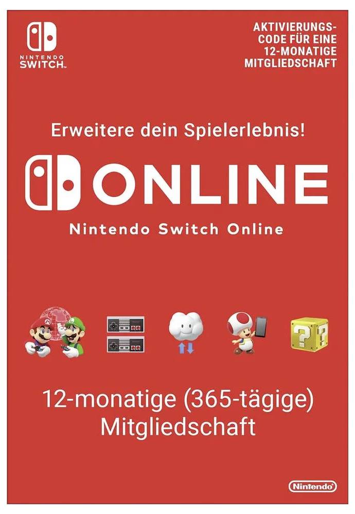 Rote Anzeige für 'Nintendo Switch Online' mit 12-monatiger Mitgliedschaft, Mario-Charakteren und Nintendo-Logo. Aktivierungscode erwähnt.