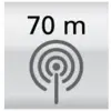 Das Bild zeigt ein Piktogramm mit der Beschriftung '70 m' über einem Symbol für ein Funksignal auf schwarzem Hintergrund.