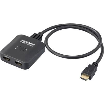 HDMI-Umschalter mit zwei Eingängen, gekennzeichnet als 'HDMI 1' und 'HDMI 2', für die Verbindung von Geräten zu einem HDMI-Ausgang.