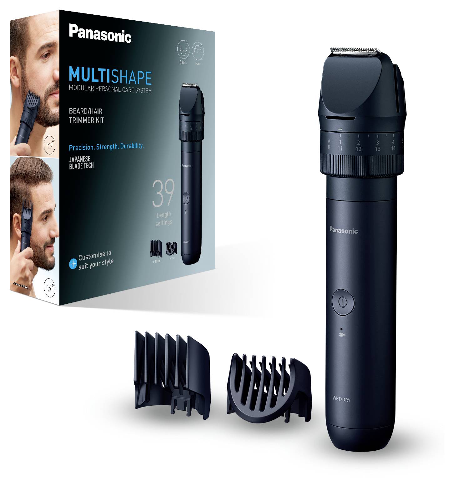 'Panasonic Barttrimmer Kit', schwarzer Trimmer mit verschiedenen Aufsätzen. Verpackung zeigt Produktdetails und einen Mann beim Rasieren.