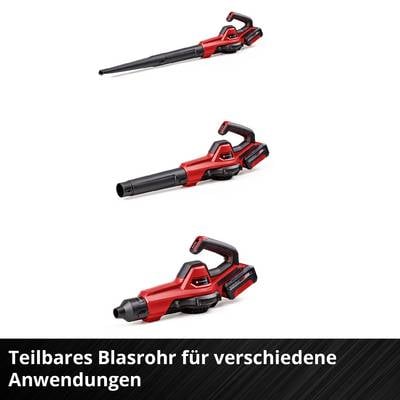 Teilbare rote und schwarze Blasrohre in verschiedenen Konfigurationen. Text: 'Teilbares Blasrohr für verschiedene Anwendungen'.