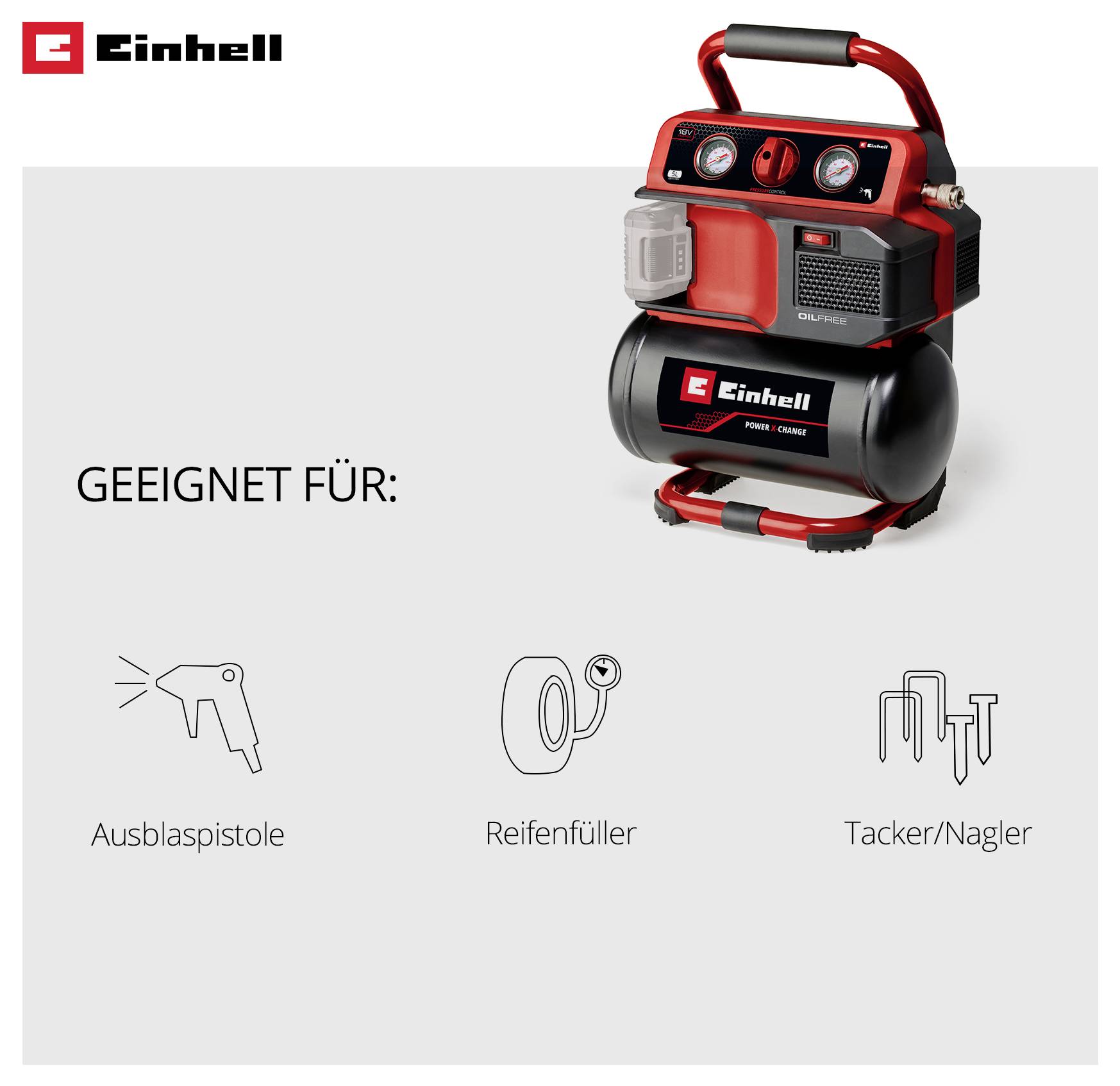Einhell Kompressor, geeignet für Ausblaspistole, Reifenfüller und Tacker/Nagler.